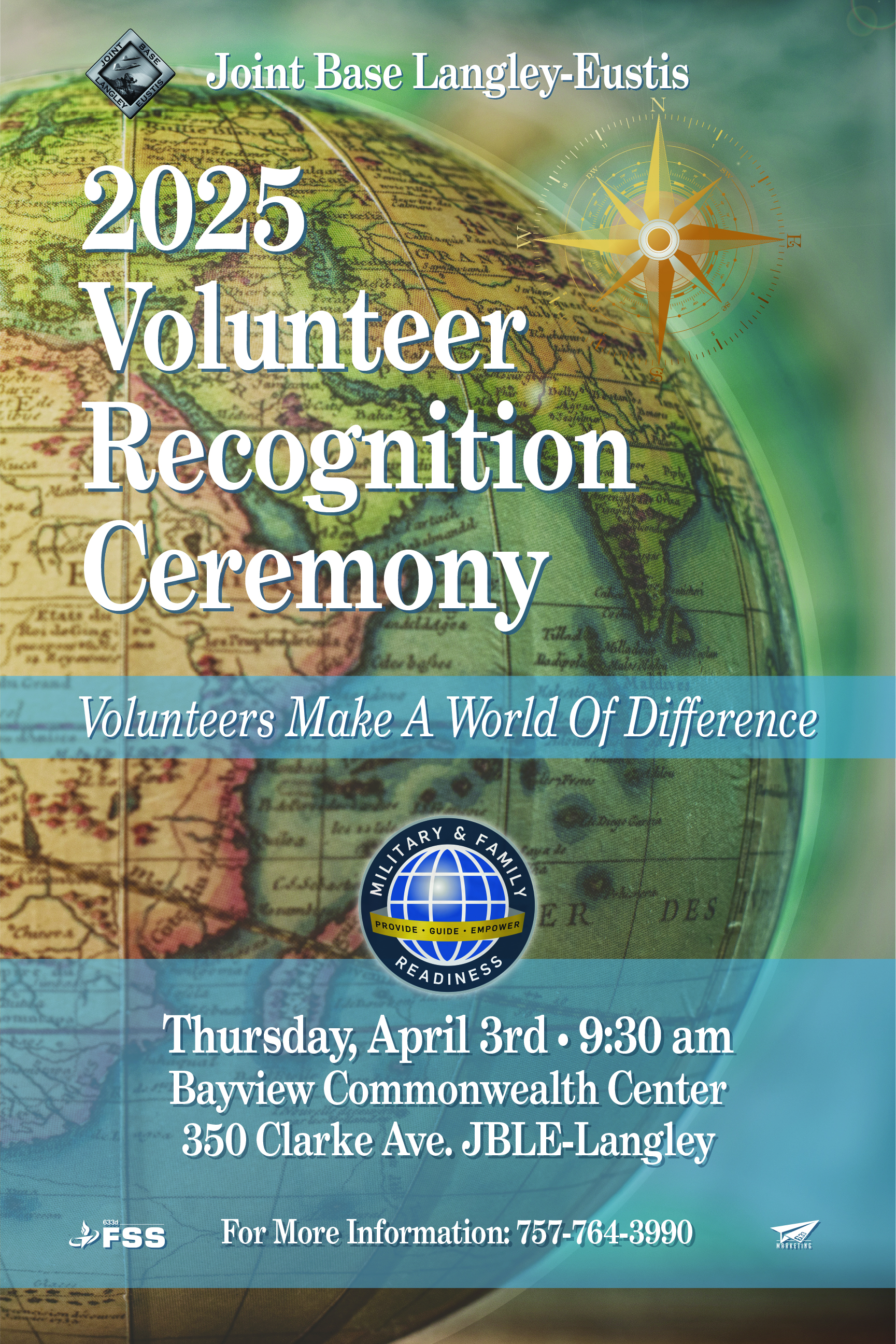 Flyer for 2025 JBLE Volunteer Recognition Ceremony, April 3rd at 9:30 am at the Bayview Commonwealth Center